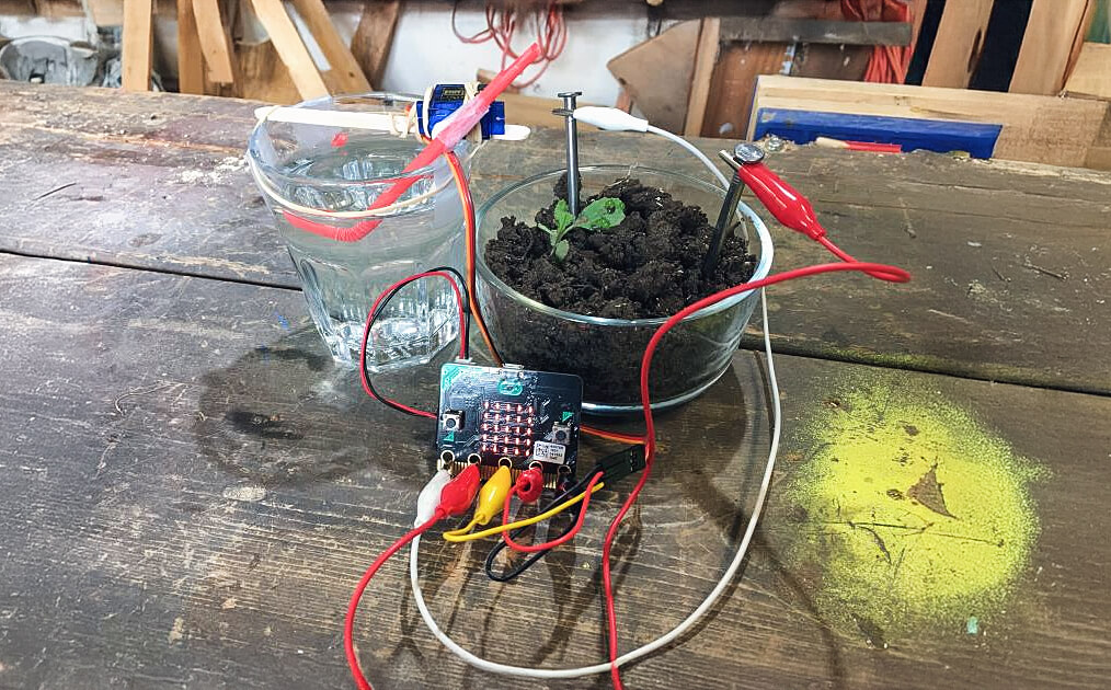 soil in Tupperware with red wire and white wire coming out. another red wire and yellow wire go into measuring glass with water